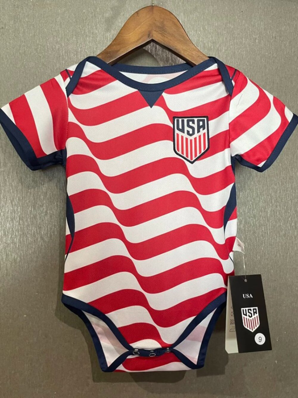 USA Soccer Style Baby One-Piece - Red/White Striped Infant Bodysuit